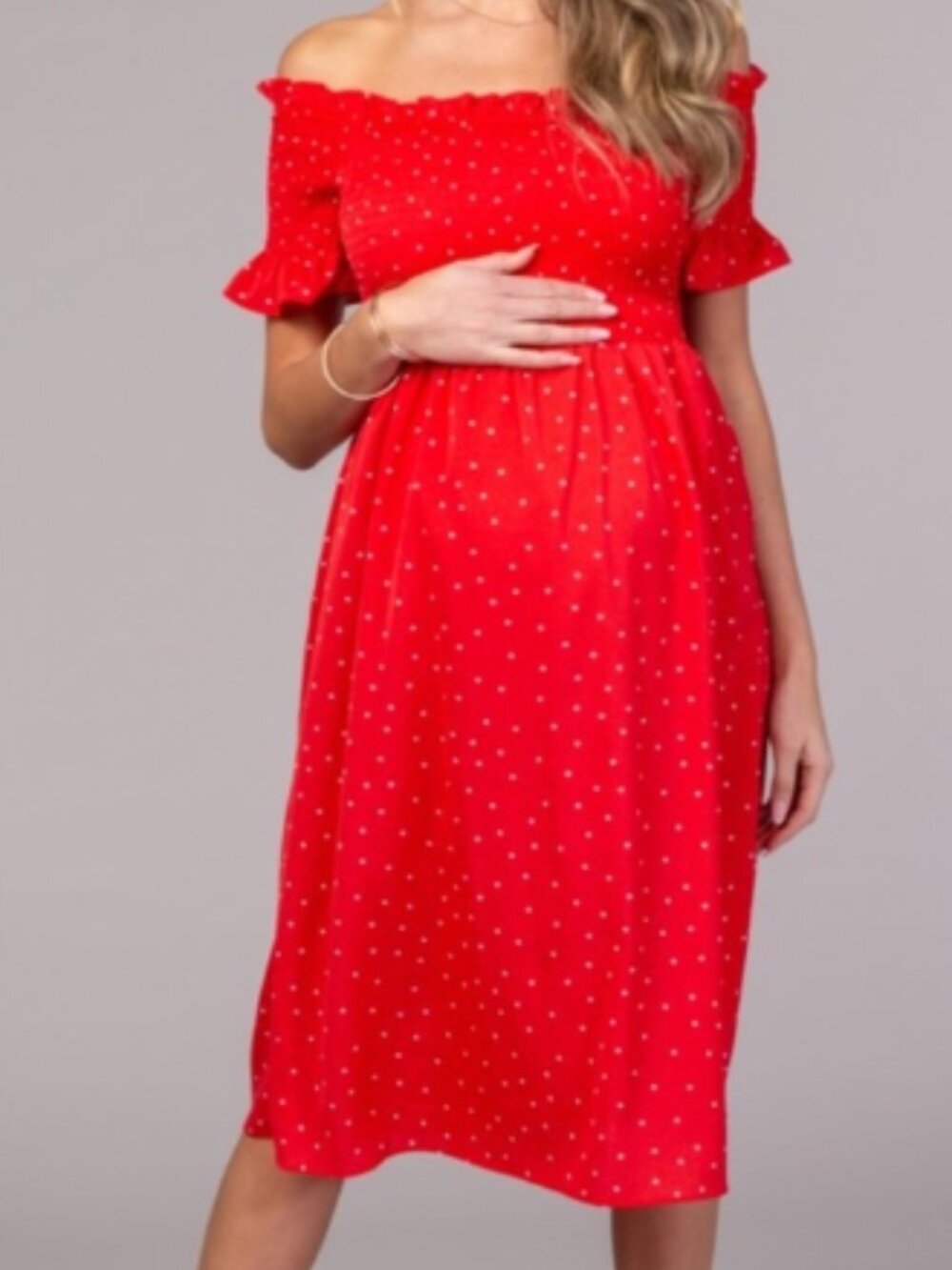 NWT Vine & Love Red Polka Dot Off Shoulder Smocked Dress Size L Wedding Guest